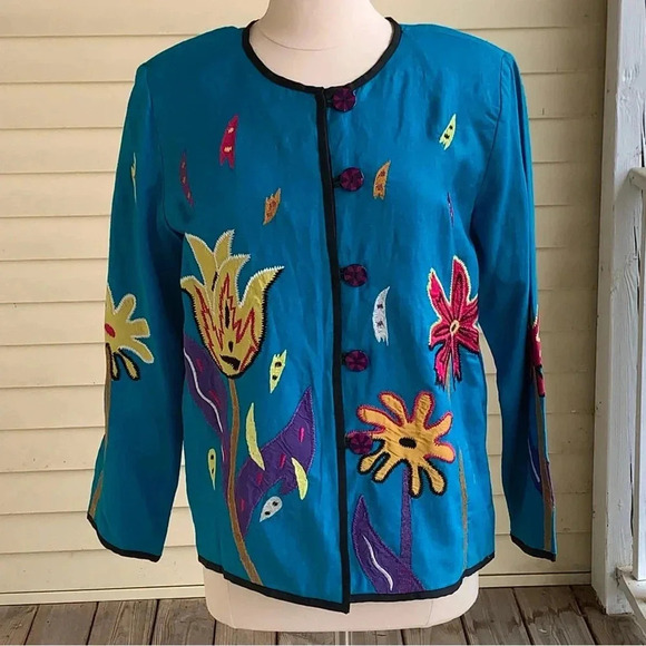 NEW Indigo Moon Linen Blend Blazer Jacket Embroidered S Blue Flower Artsy - Picture 2 of 7